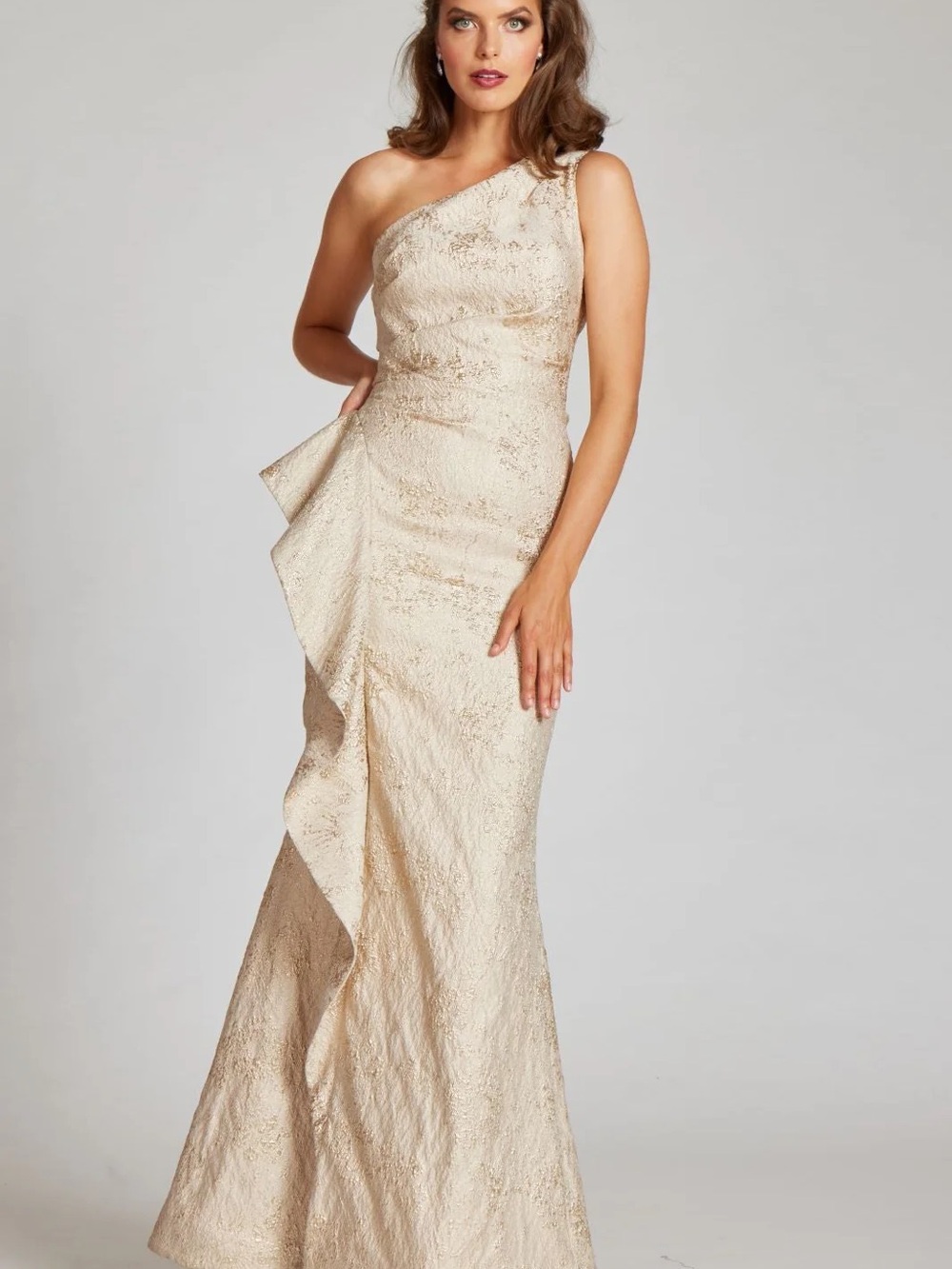 One-Shoulder Metallic Cream Jacquard Evening Gown by Teri Jon for Rickie Freeman